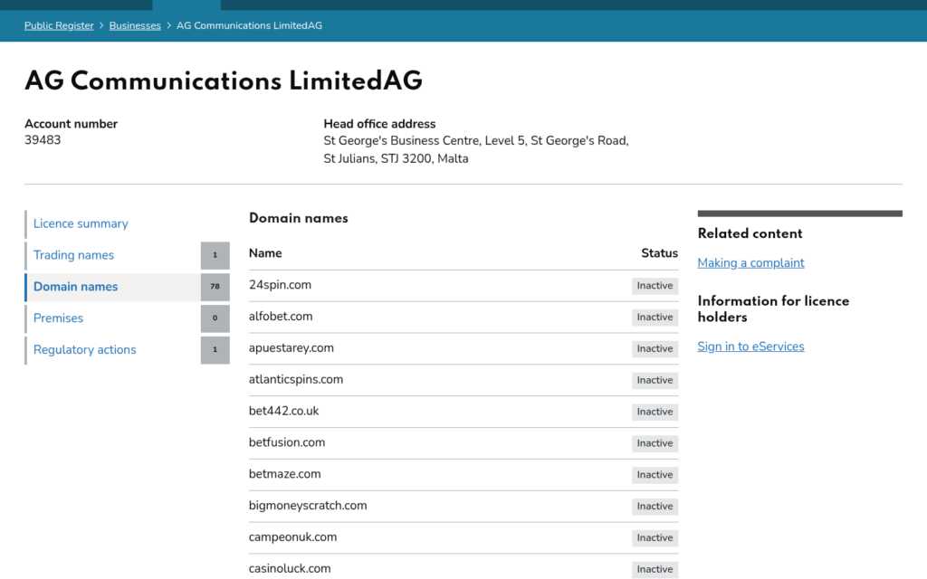 Gambling Commission register showing 78 domains and 1 regulatory action on AG Communications account 39483, with every listed domain marked Inactive