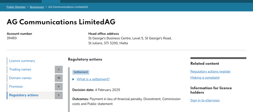 Gambling Commission register showing one regulatory action against AG Communications account 39483, a settlement dated 4 February 2025 with divestment among the outcomes