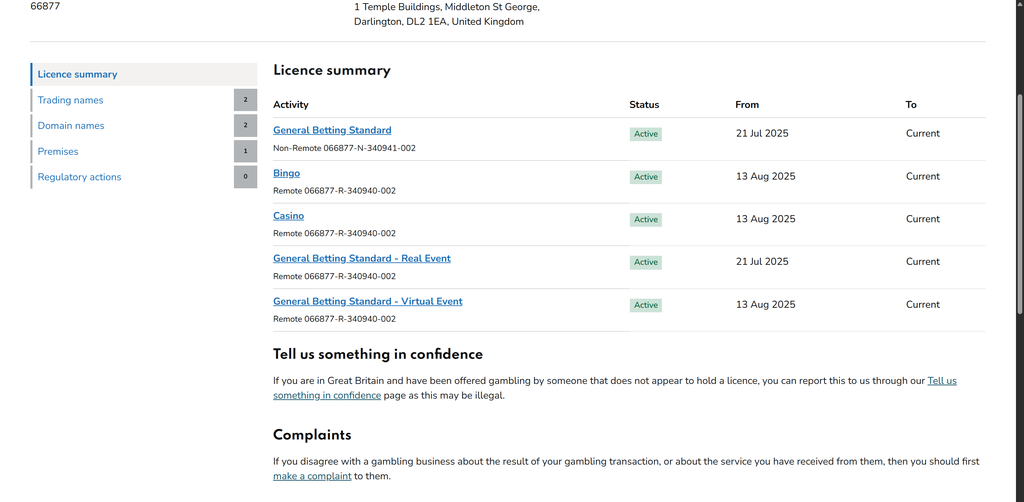 Gambling Commission register on 7 September 2026 showing J R & S Leisure Ltd, account 66877, with five Active licences from July and August 2025