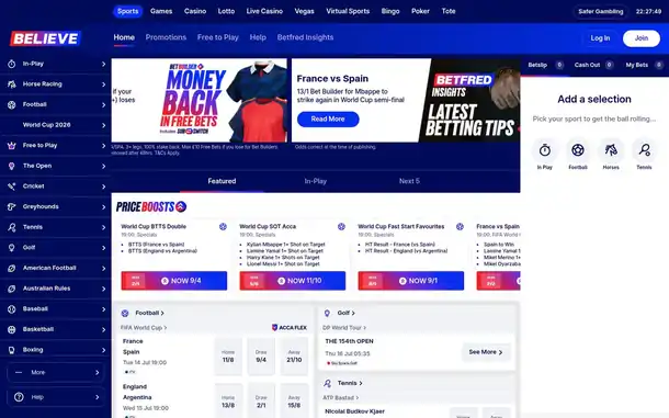 Betfred homepage showing sports, casino, lotto, bingo and poker as tabs inside a single account