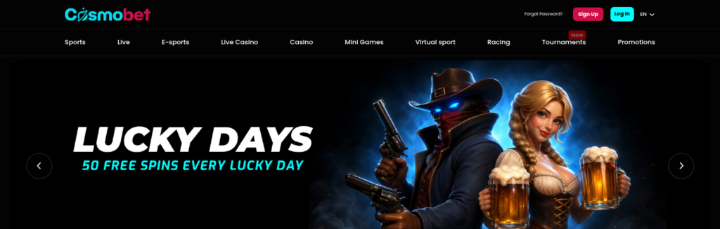 Cosmobet homepage as served to a London connection, showing the Lucky Days 50 free spins promotion