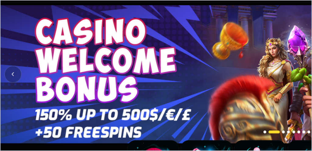 Cosmobet homepage banner advertising 150% up to 500 pounds plus 50 free spins, with no wagering terms shown