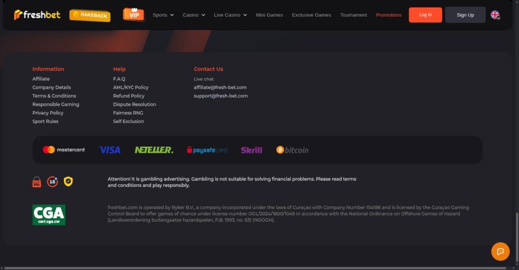 Freshbet footer stating the site is operated by Ryker B.V., Curacao company number 154186, licence OGL/2024/1800/1049