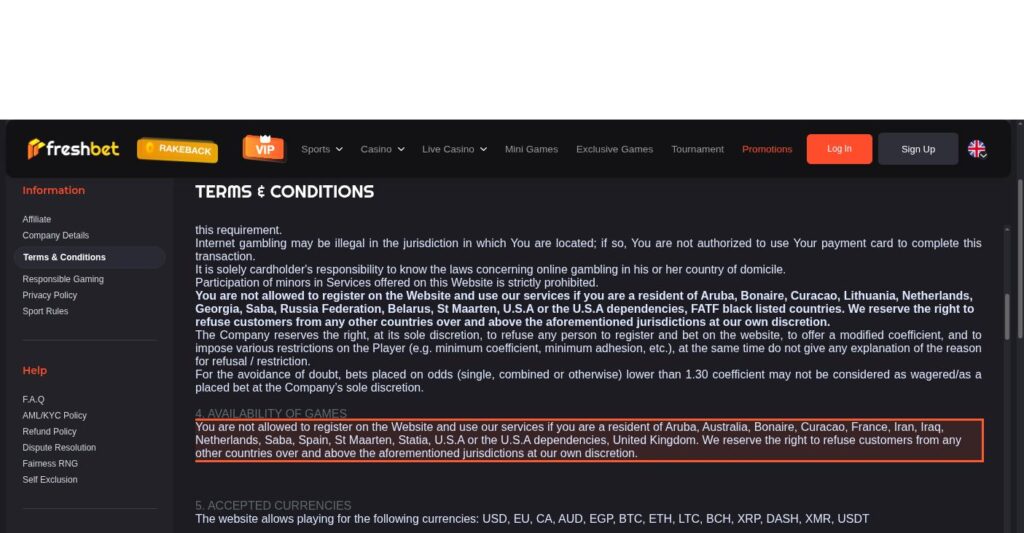 Freshbet terms and conditions section 4 highlighted, listing United Kingdom among residents not allowed to register