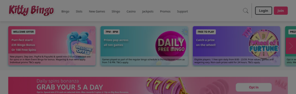 Kitty Bingo homepage offering a £35 bingo bonus or 100 free spins to new players