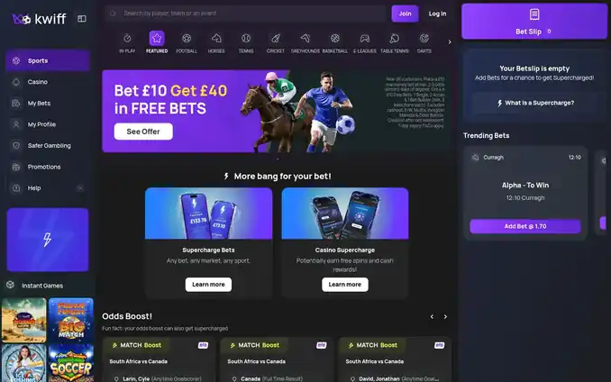 kwiff homepage showing the bet ten pounds get forty pounds in free bets offer and the Supercharge feature