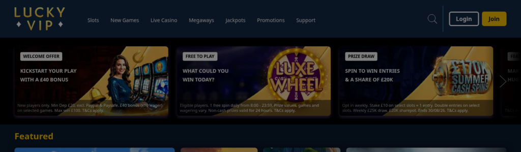 Lucky VIP homepage welcome offer banner: £40 bonus, minimum deposit £20, 10x wagering, £100 maximum win