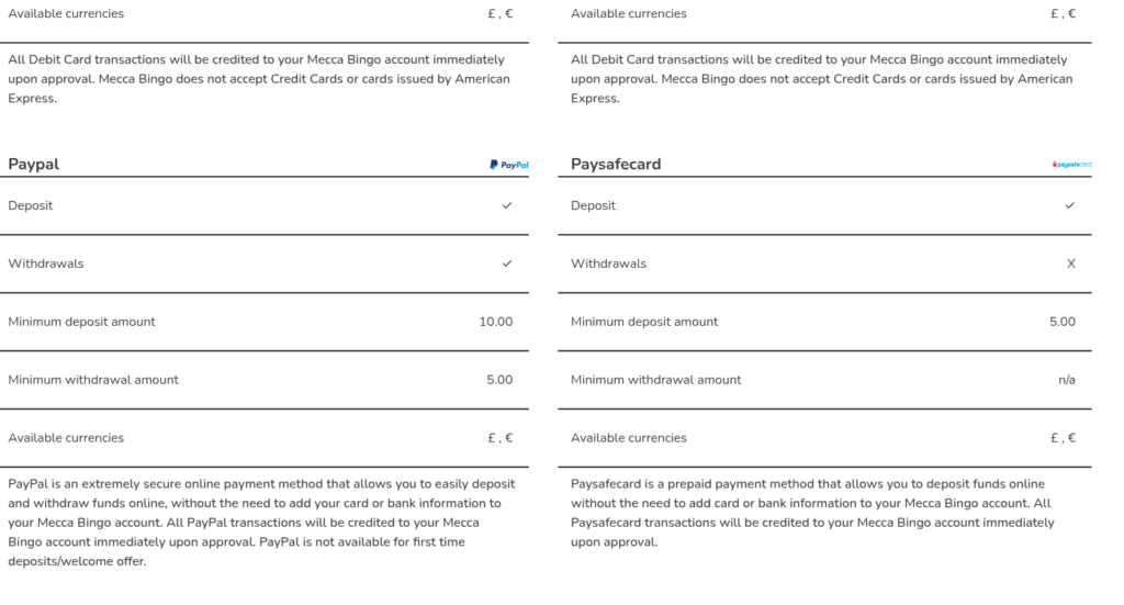 Mecca Bingo payments page: PayPal deposit and withdrawal ticked, minimum £10 deposit, with a note that PayPal is not available for first time deposits or the welcome offer