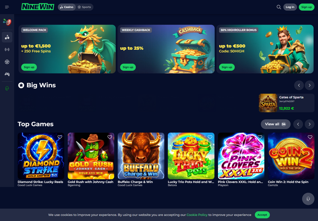 NineWin casino lobby as UK visitors saw it on 7 September 2026, with a euro welcome pack and sign-up buttons