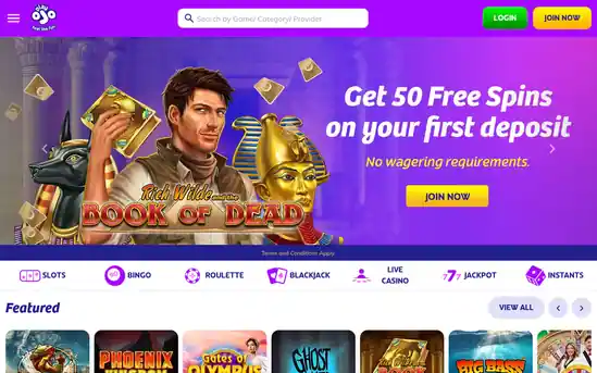 PlayOJO homepage advertising 50 free spins on first deposit with no wagering requirements