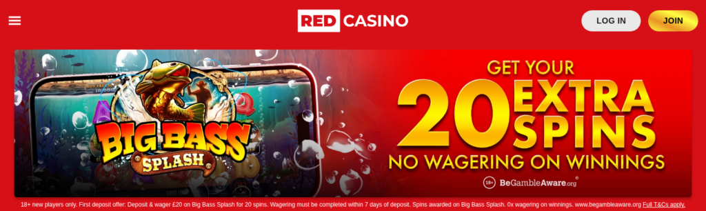 Red Casino homepage offering 20 extra spins with no wagering on winnings, requiring £20 wagered on Big Bass Splash