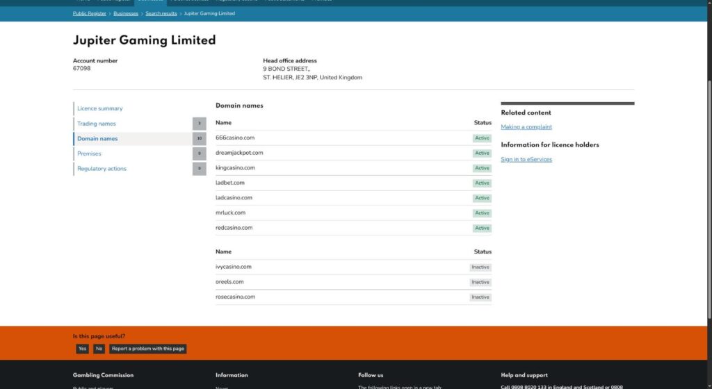 Gambling Commission register showing redcasino.com and dreamjackpot.com Active on Jupiter Gaming account 67098
