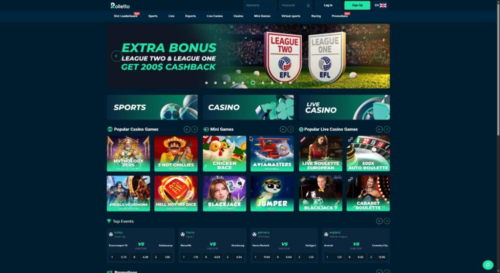 Rolletto homepage as served to a London connection, showing the sports and casino lobby