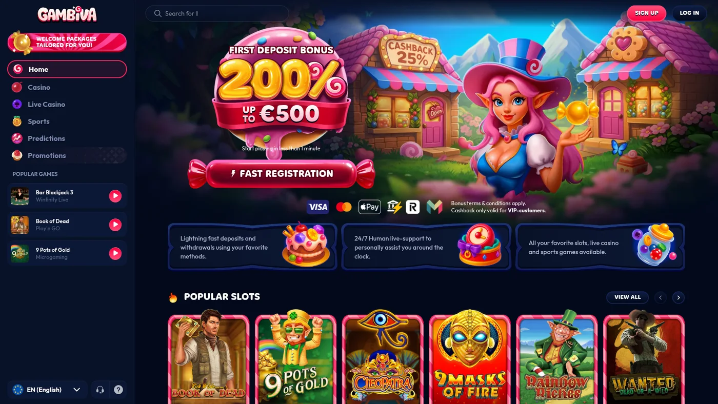 The gambiva8.com lobby loaded from a Manchester connection, showing a first deposit bonus of 200% up to 500 euros with 25% cashback and a fast registration button
