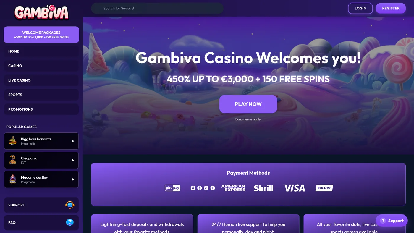 The gambiva.co.uk home page headed Gambiva Casino Welcomes you, advertising 450% up to 3,000 euros plus 150 free spins, with Login and Register buttons