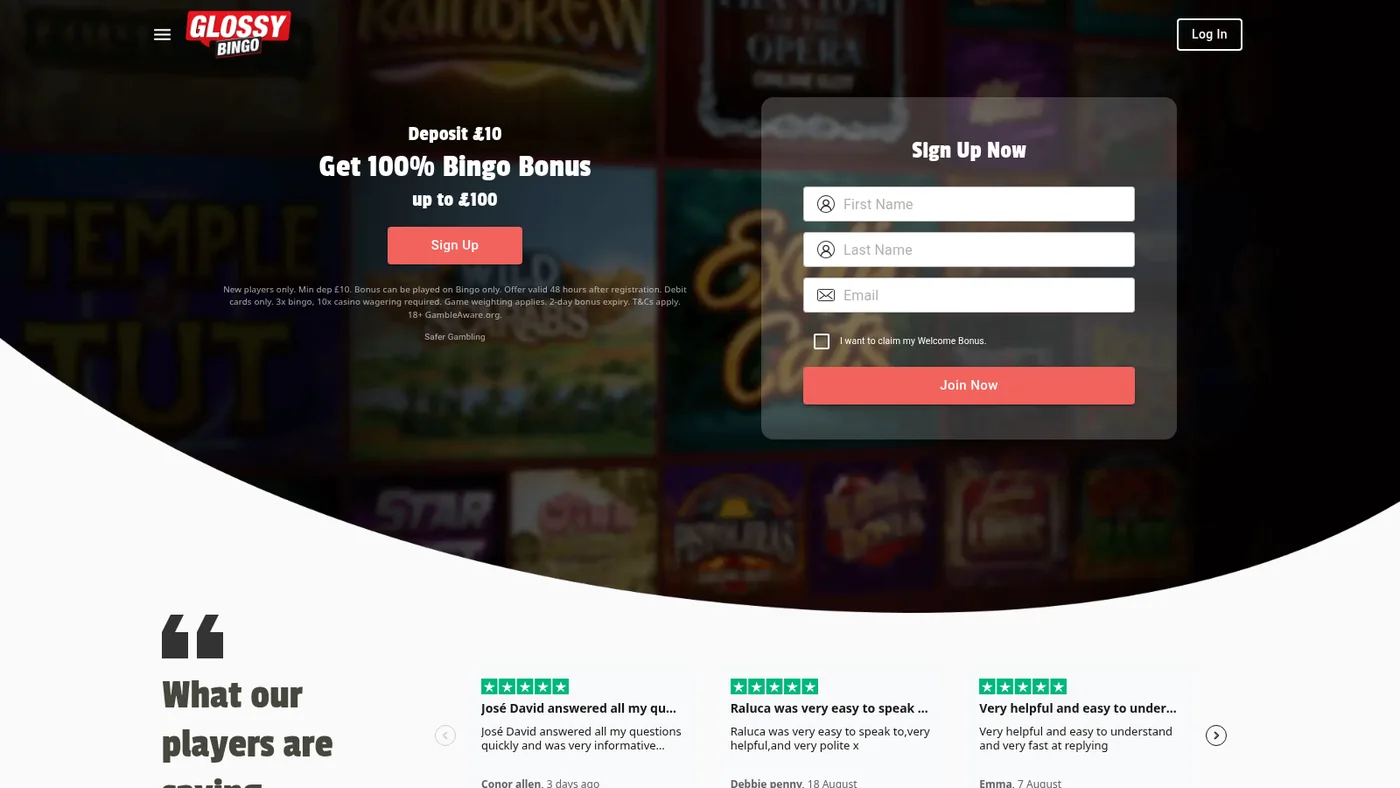 Visiting madamriches.com lands on the Glossy Bingo welcome offer page, showing Deposit 10 pounds Get 100 percent Bingo Bonus up to 100 pounds with a sign-up form