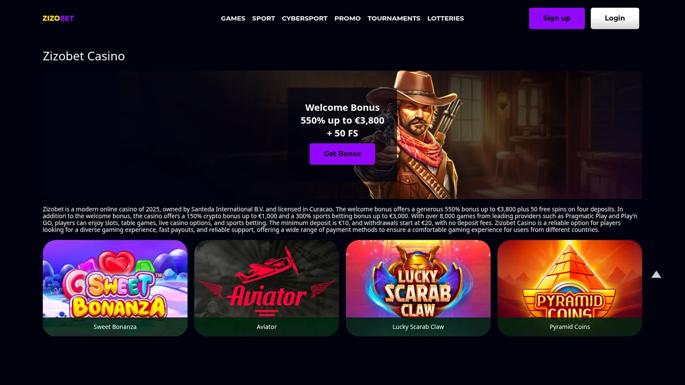 The zizobet.co.uk home page showing a 550 percent up to 3,800 euro welcome bonus with 50 free spins and a Get Bonus button
