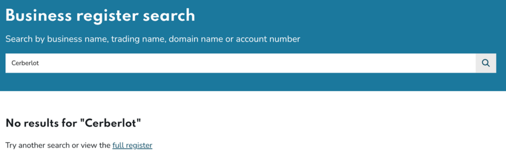 Gambling Commission business register search for Cerberlot returning no results