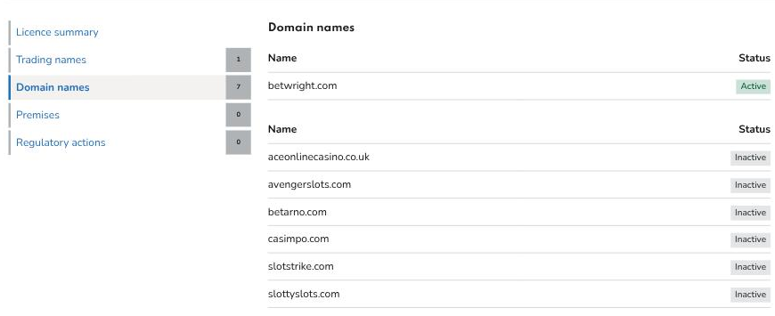 Gambling Commission register showing betwright.com Active and six Inactive domains on Onyx Gaming Limited account 64666