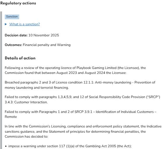 Gambling Commission sanction record showing a 250,000 pound financial penalty against Playbook Gaming Limited