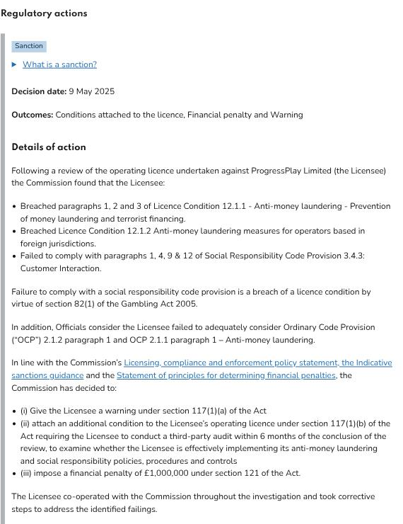 Gambling Commission sanction record showing a 1,000,000 pound financial penalty against ProgressPlay Limited