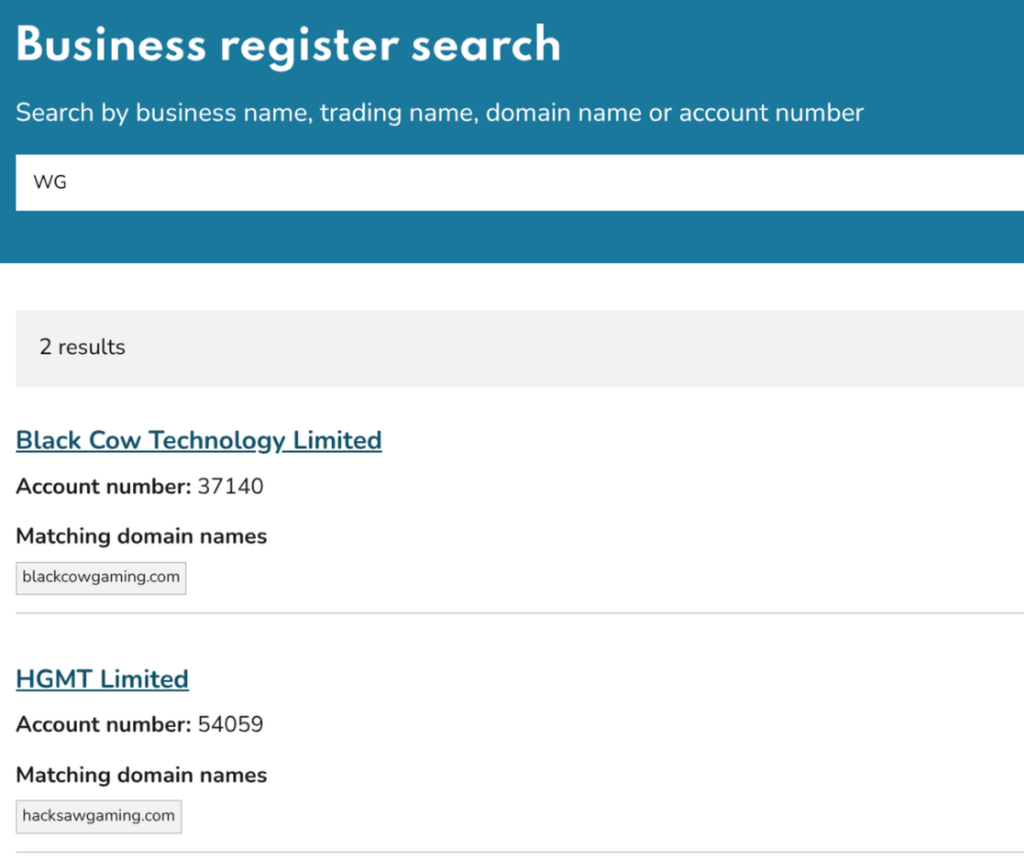 Gambling Commission business register search for WG returning two results, Black Cow Technology and HGMT, neither of them a casino
