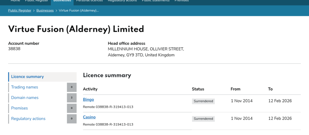 Gambling Commission register showing Virtue Fusion Alderney Limited account 38838 with Bingo and Casino licences marked Surrendered, ending 12 February 2026