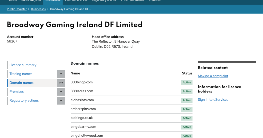 Gambling Commission register showing 158 domain names on Broadway Gaming Ireland DF Limited account 58267, head office in Dublin