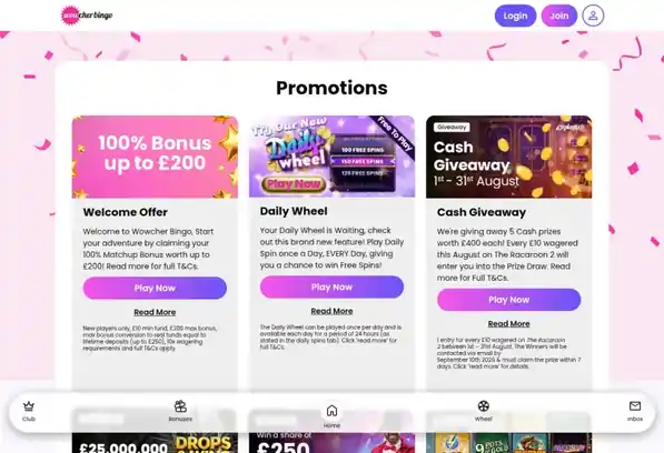 Wowcher Bingo promotions page showing the 100 per cent matchup bonus up to 200 pounds with 10x wagering requirements