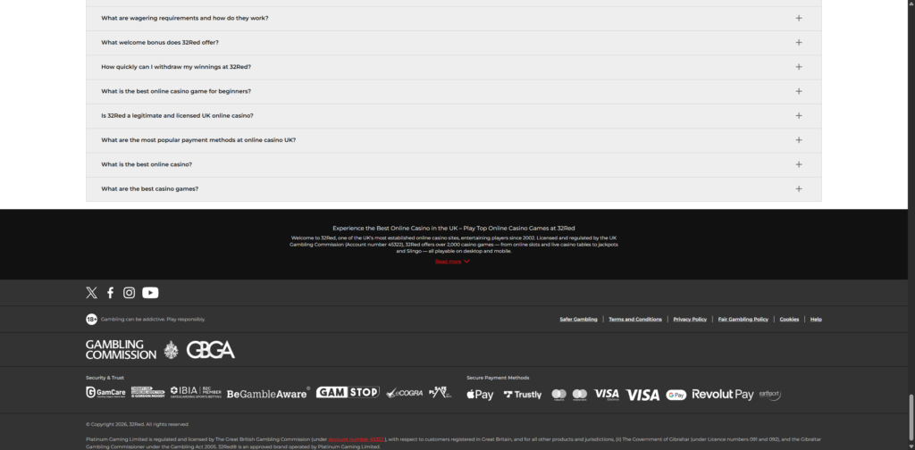The 32Red footer stating that Platinum Gaming Limited is licensed by the Gambling Commission under account number 45322, shown with GAMSTOP and GamCare logos