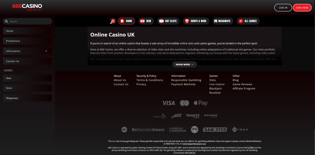 The 666 Casino footer naming Jupiter Gaming Limited, Gambling Commission licence 67098 and the Jersey Gambling Commission, alongside GAMSTOP, IBAS, BeGambleAware and Gambling Commission logos
