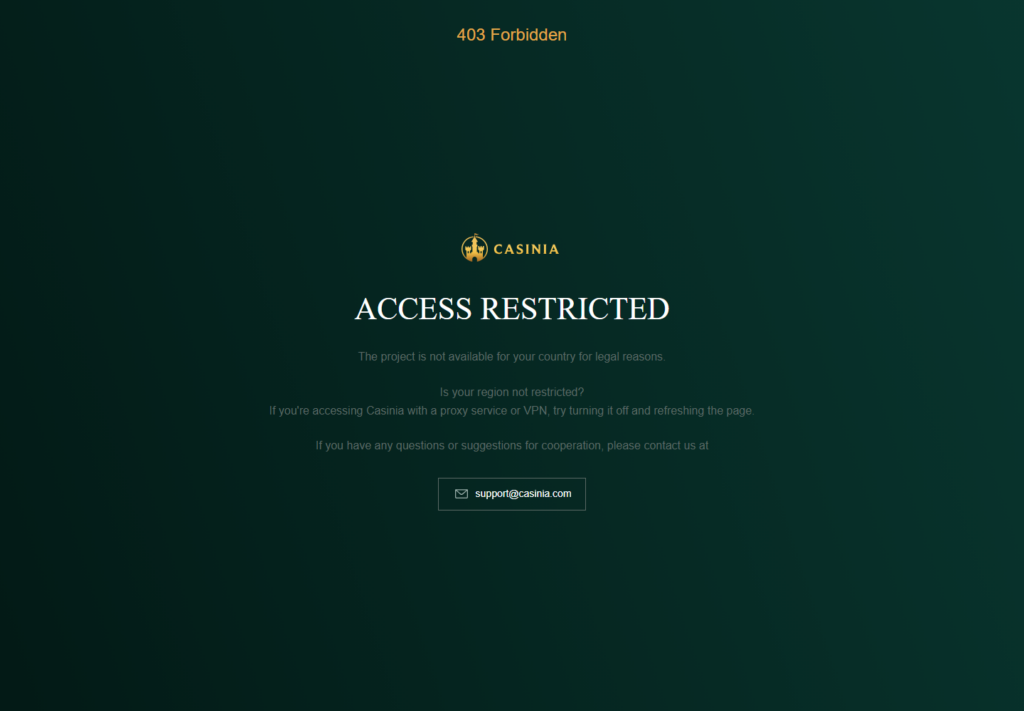The Access restricted page casinia.com serves to a UK request