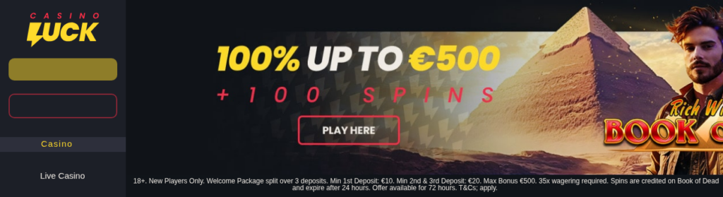 The archived casinoluck.com homepage from June 2025 showing a 100 percent up to 500 euros plus 100 spins welcome offer with 35x wagering