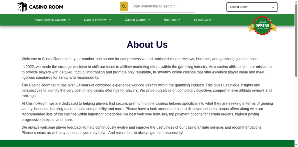 The casinoroom.com about page stating that in 2022 the site shifted its focus to affiliate marketing