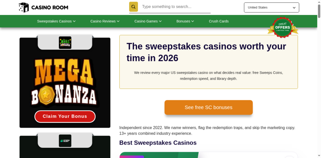 The casinoroom.com homepage on 17 September 2026, now titled Online Casino Reviews in US 2026 and listing sweepstakes casinos
