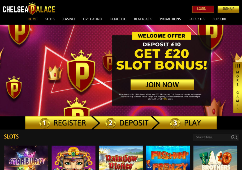 Chelsea Palace homepage welcome offer with 40x wagering and 50 pound max conversion in the terms