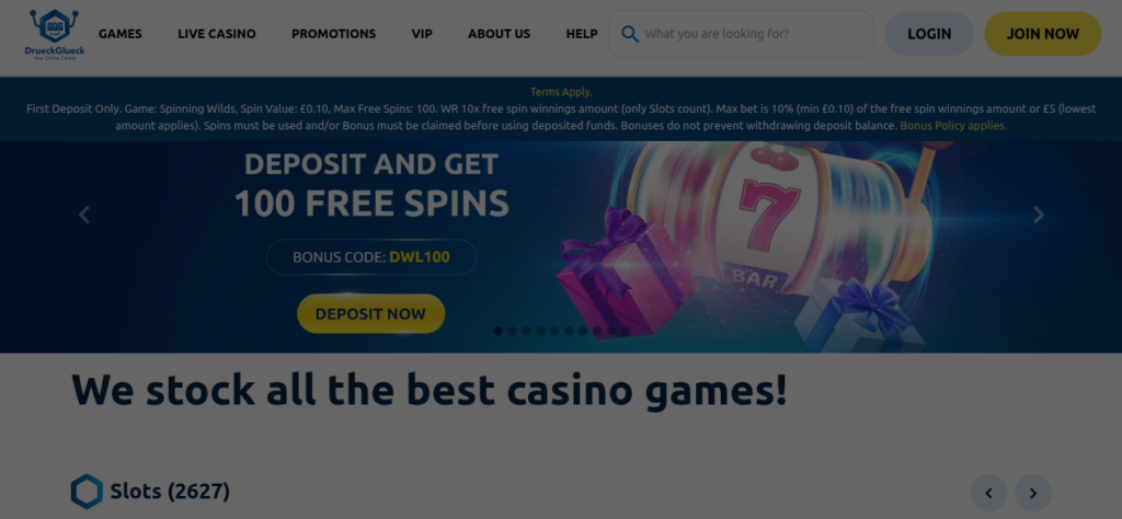 The DrückGlück homepage on 18 September 2026 with the Spinning Wilds free spins offer and a lobby count of 2627 slots