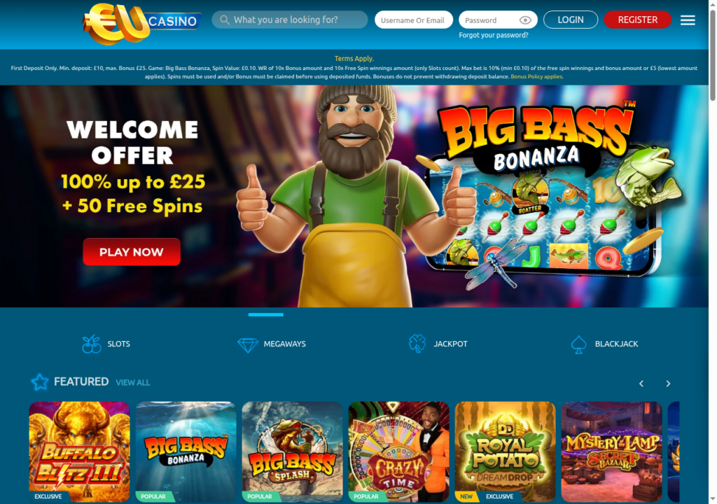 The EUcasino homepage on 18 September 2026 with the 100 percent up to 25 pounds plus 50 free spins welcome offer and the featured games row