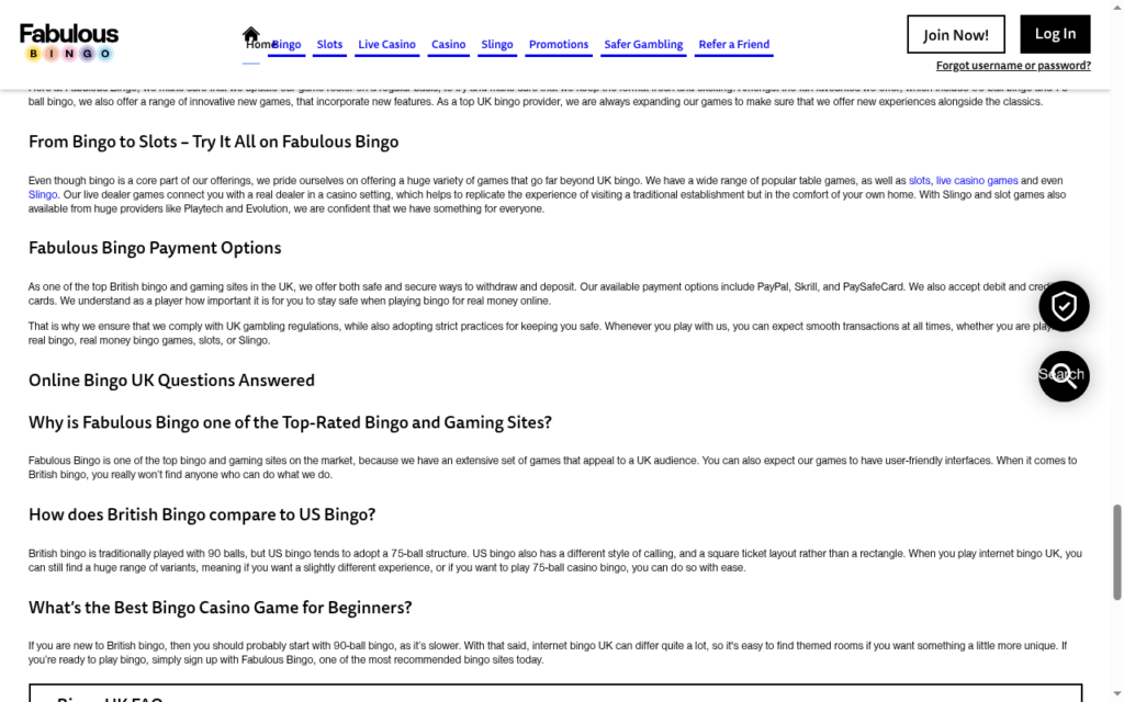 Fabulous Bingo homepage payment options section listing PayPal, Skrill, PaySafeCard and debit and credit cards