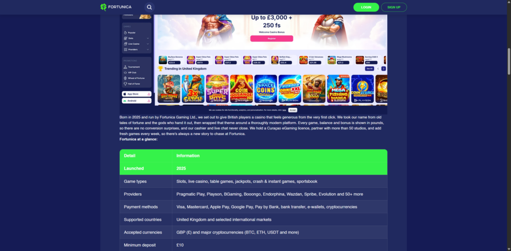The Fortunica footer stating the site is operated by Fortunica Gaming Ltd under a Curacao eGaming licence, with support email addresses and no licence number