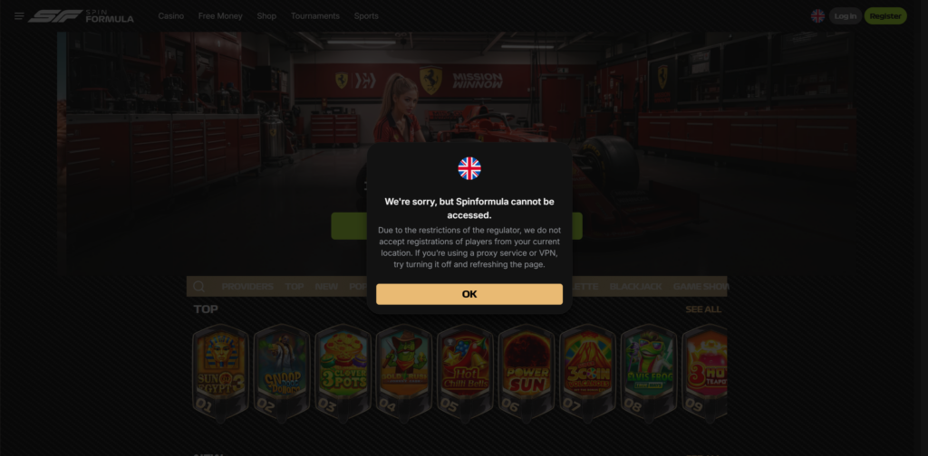 The Fortunica Terms and Conditions link landing on Spinformula, a different casino brand, with a registration modal and a 550 percent welcome offer