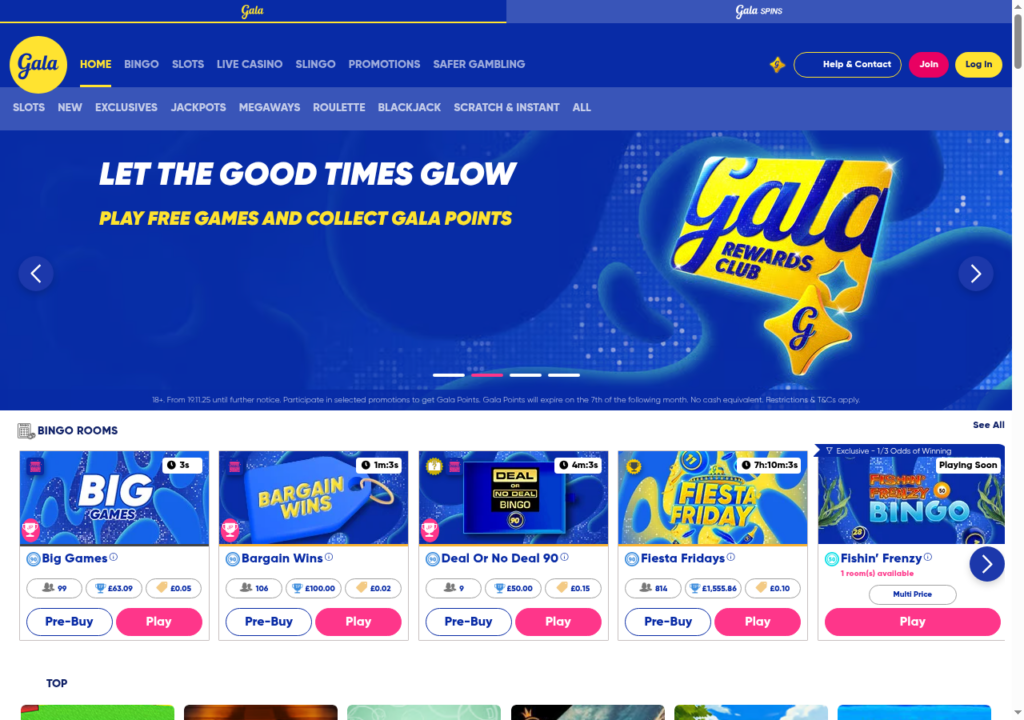 Gala Bingo homepage on 18 September 2026 with the Gala Rewards Club banner and bingo room list