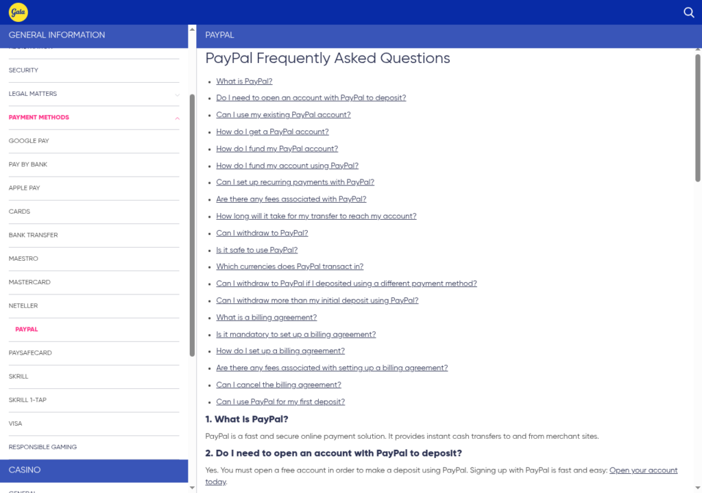 Gala Bingo help centre PayPal page on 18 September 2026 listing twenty questions about deposits, fees, withdrawals and billing agreements