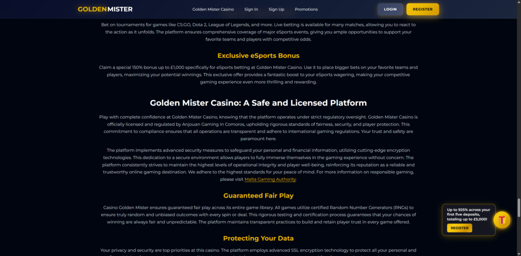 Golden Mister Casino stating it is licensed and regulated by Anjouan Gaming in Comoros, immediately above a paragraph directing readers to the Malta Gaming Authority for responsible gaming information