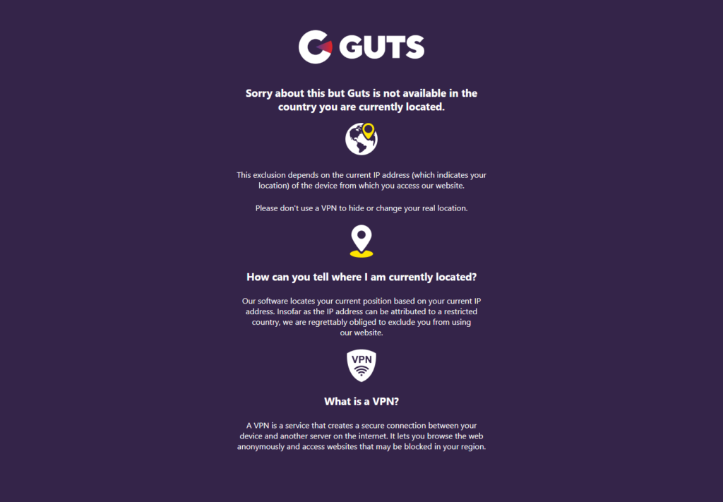 guts.com on 7 September 2026 telling a UK visitor Guts is not available in their country