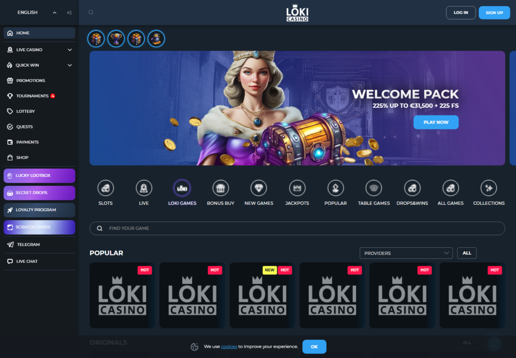 The Loki Casino lobby as served to a UK visitor on 7 September 2026, welcome pack 225 per cent up to 31,500 euros