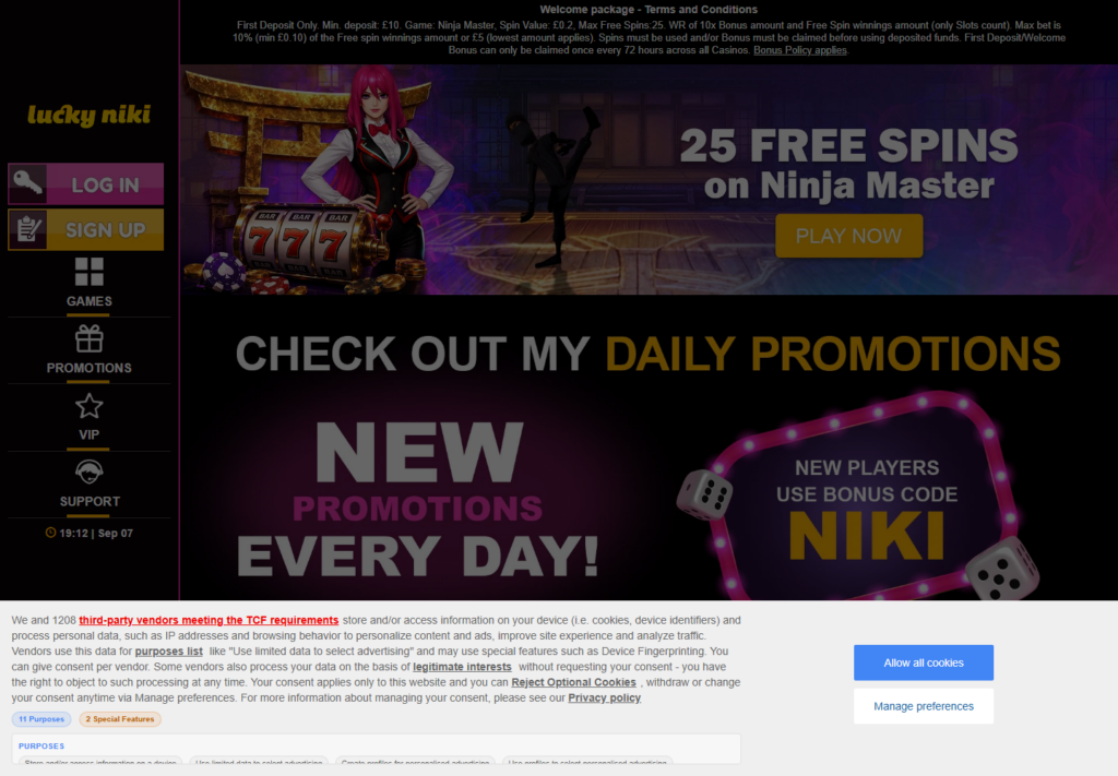 The LuckyNiki homepage as served to a UK visitor on 7 September 2026