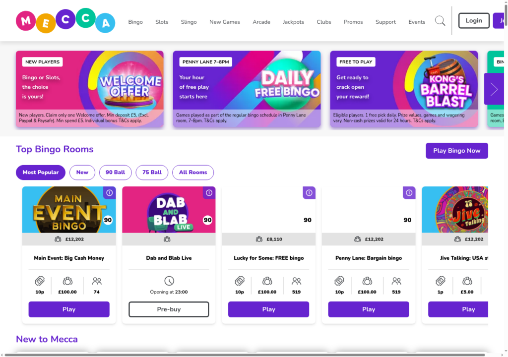 Mecca Bingo homepage on 18 September 2026 with the welcome offer strapline reading min deposit 5 pounds excluding PayPal and Paysafe