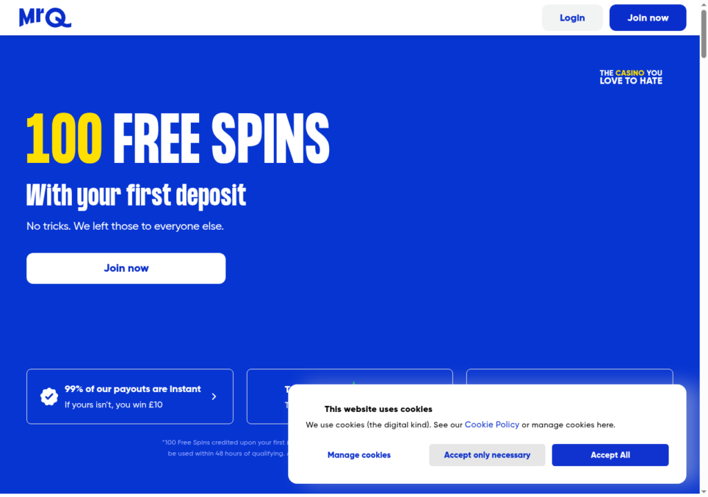 MrQ homepage on 18 September 2026 with the 100 free spins with your first deposit offer