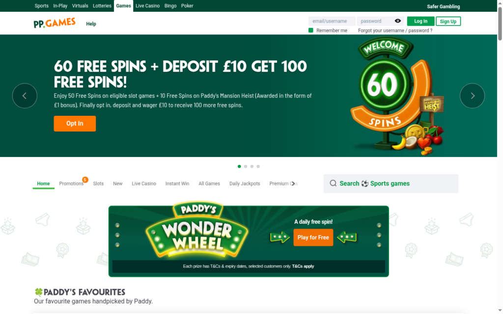Paddy Power Games homepage on 17 September 2026 showing the 25 free spins plus deposit 10 pounds get 50 free spins welcome offer